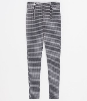 CALÇA XADREZ PIED POULE COM DETALHES DE ZÍPER E PU