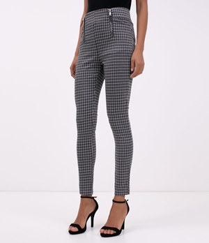 CALÇA XADREZ PIED POULE COM DETALHES DE ZÍPER E PU